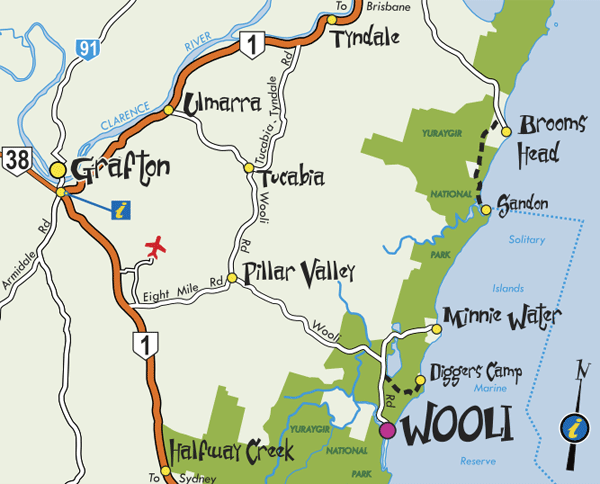 Tourism map of Wooli, Minnie Water region, Lower Clarence Coast